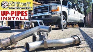 2001 F350 73  RiffRaff UpPipes Install  Stock up pipes leaking and falling apart JUNK SP [upl. by Lalise]